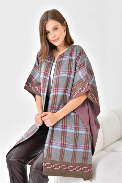 FTZ Women Kadın Ekose Detay Panço  Kahve 21-1116 - Resim 5