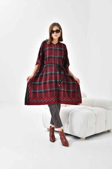 FTZ Women Kadın Ekose Detay Panço  Bordo 21-1116 ürün görseli 1