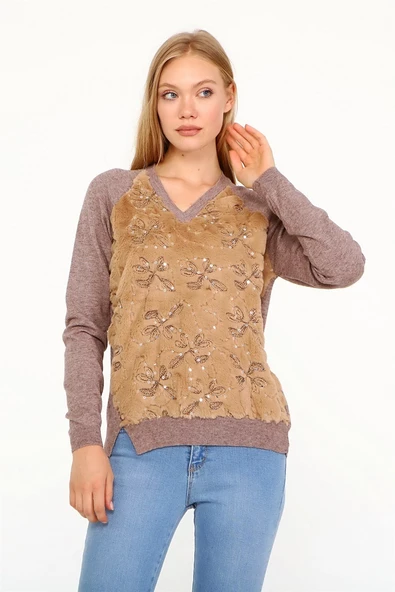 FTZ Women Kadın Peluş Nakışlı Triko Beige 21-1043