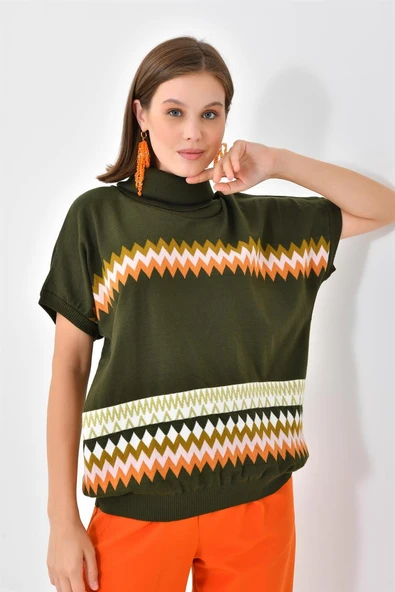 FTZ Women Kadın Etnik Desenli Süveter  Haki 20073 - Resim 6