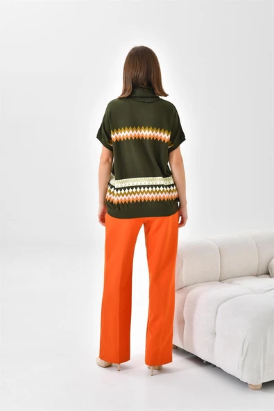 FTZ Women Kadın Etnik Desenli Süveter  Haki 20073 - Resim 7