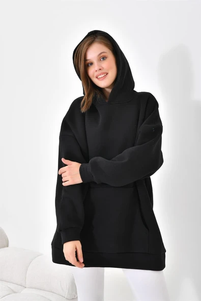 FTZ Women Kadın Oversize 3 İp Şardonlu Kapüşonlu Sweatshirt  Siyah 10000 - 3