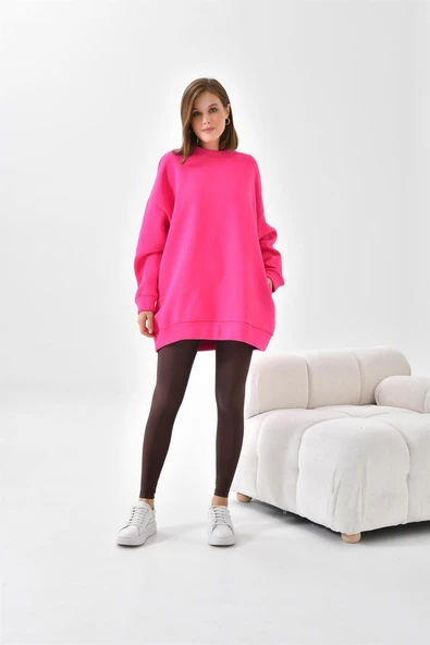 FTZ Women Kadın Oversize 3 İp Şardonlu Sweatshirt  Fuşya 10001 - 3