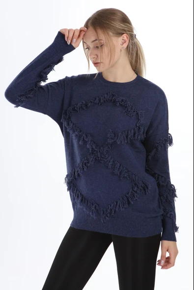 FTZ Women Kadın Önü Püsküllü Triko  İndigo 21-1102