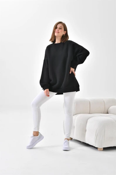 FTZ Women Kadın Oversize 3 İp Şardonlu Sweatshirt  Siyah 10001 - Resim 6