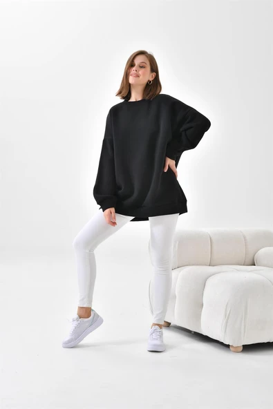 FTZ Women Kadın Oversize 3 İp Şardonlu Sweatshirt  Siyah 10001 - Resim 6