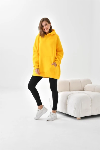 FTZ Women Kadın Oversize 3 İp Şardonlu Kapüşonlu Sweatshirt  Sarı 10000 - Resim 4