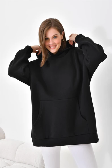 Ftz Women Kadın Oversize 3 İp Şardonlu Kapüşonlu Sweatshirt Siyah 10000