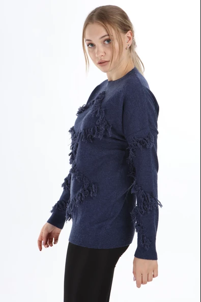 FTZ Women Kadın Önü Püsküllü Triko  İndigo 21-1102 - 2