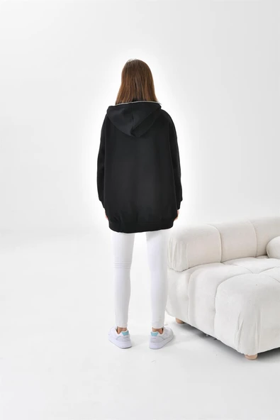 FTZ Women Kadın Oversize 3 İp Şardonlu Fermuarlı Sweatshırt  Siyah 10002 - Resim 4