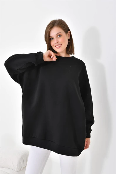 FTZ Women Kadın Oversize 3 İp Şardonlu Sweatshirt  Siyah 10001 - Resim 3