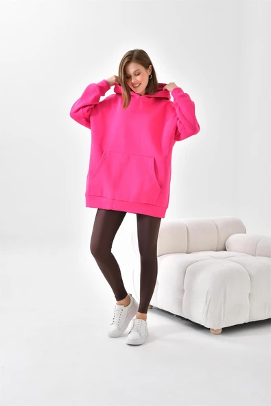FTZ Women Kadın Oversize 3 İp Şardonlu Kapüşonlu Sweatshirt  Fuşya 10000 - 4
