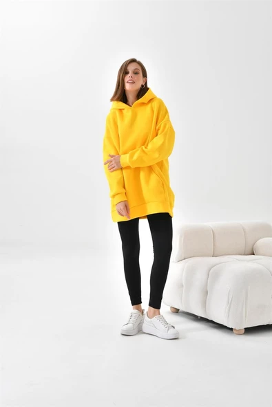 FTZ Women Kadın Oversize 3 İp Şardonlu Kapüşonlu Sweatshirt  Sarı 10000 - Resim 5