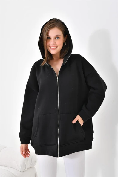 FTZ Women Kadın Oversize 3 İp Şardonlu Fermuarlı Sweatshırt  Siyah 10002 - 7