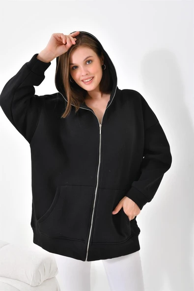 Ftz Women Kadın Oversize 3 İp Şardonlu Fermuarlı Sweatshırt Siyah 10002