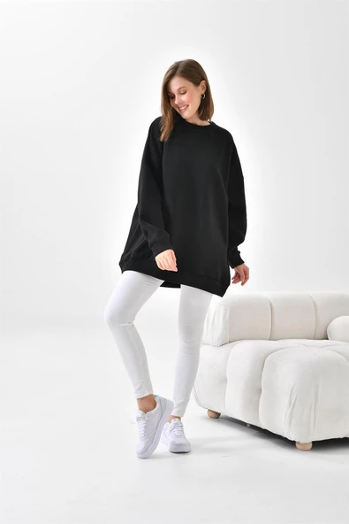 Kadın Oversize 3 İp Şardonlu Sweatshirt Siyah 10001