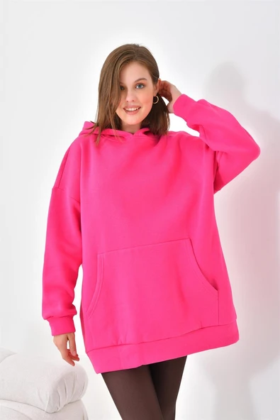 Ftz Women Kadın Oversize 3 İp Şardonlu Kapüşonlu Sweatshirt Fuşya 10000