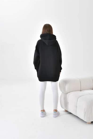 FTZ Women Kadın Oversize 3 İp Şardonlu Kapüşonlu Sweatshirt Siyah 10000 - 7