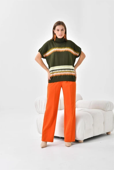 FTZ Women Kadın Etnik Desenli Süveter  Haki 20073 - Resim 2