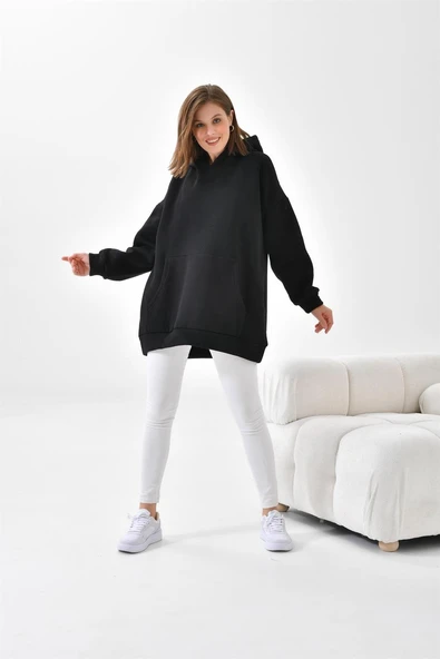 FTZ Women Kadın Oversize 3 İp Şardonlu Kapüşonlu Sweatshirt  Siyah 10000 - 2