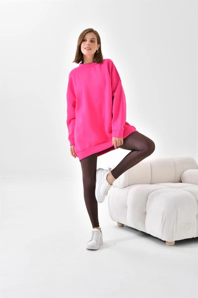 FTZ Women Kadın Oversize 3 İp Şardonlu Sweatshirt  Fuşya 10001 - 4