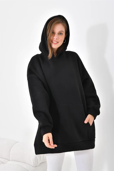 FTZ Women Kadın Oversize 3 İp Şardonlu Kapüşonlu Sweatshirt Siyah 10000 - 6