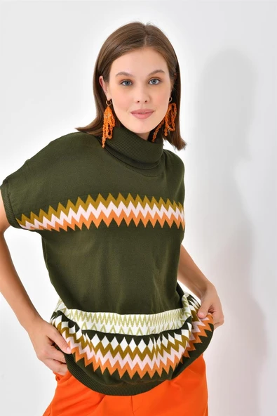 FTZ Women Kadın Etnik Desenli Süveter  Haki 20073 - Resim 5