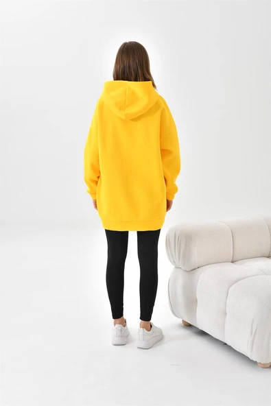 FTZ Women Kadın Oversize 3 İp Şardonlu Kapüşonlu Sweatshirt  Sarı 10000 - Resim 7