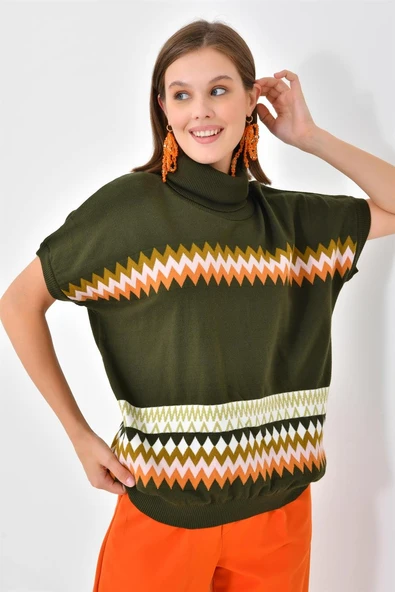 FTZ Women Kadın Etnik Desenli Süveter  Haki 20073 - Resim 4