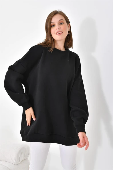 FTZ Women Kadın Oversize 3 İp Şardonlu Sweatshirt  Siyah 10001 - Resim 2