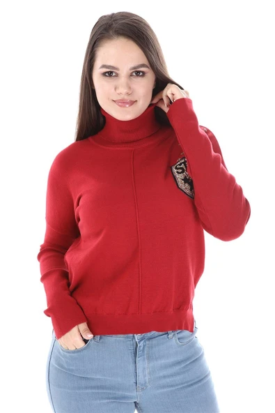 FTZ Women Kadın Zımba Taş Detay Triko Kırmızı 21-1305