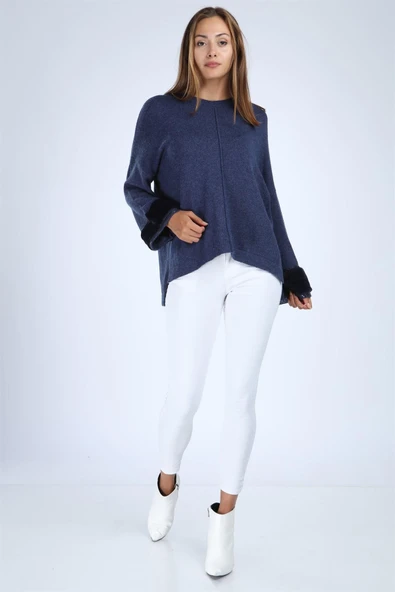 FTZ Women Kadın Kolları Kürk Detaylı Triko  İndigo 21-1278 ürün görseli