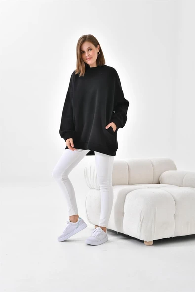 FTZ Women Kadın Oversize 3 İp Şardonlu Sweatshirt  Siyah 10001 - Resim 5