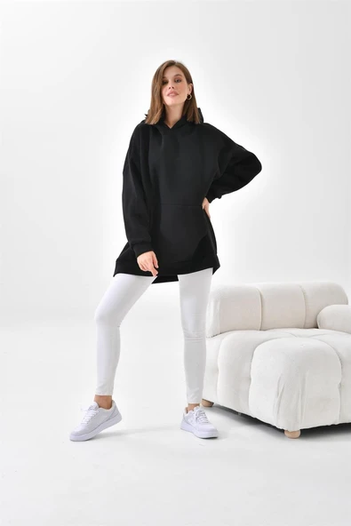 FTZ Women Kadın Oversize 3 İp Şardonlu Kapüşonlu Sweatshirt  Siyah 10000 - 4