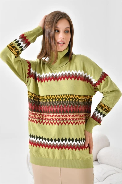 FTZ Women Kadın Etnik Desenli Bluz  Su Yeşili 20075 - Resim 6