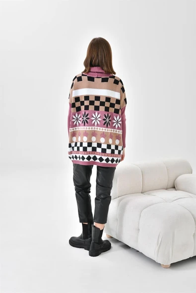 FTZ Women Kadın Karışık Desen Triko Kazak Gül 20432 - 7