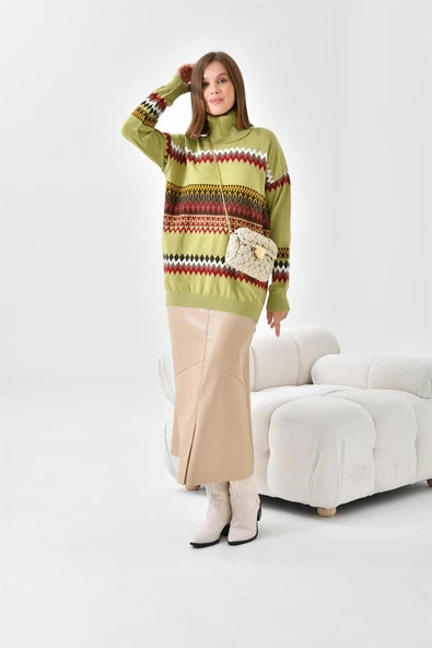 FTZ Women Kadın Etnik Desenli Bluz  Su Yeşili 20075 - Resim 2