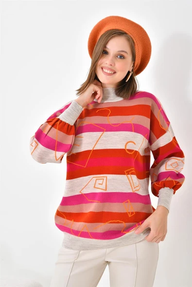 FTZ Women Kadın Geometrik Desenli Kazak  Taş 20109 - Resim 7