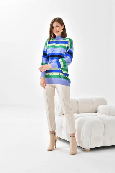 FTZ Women Kadın Geometrik Desenli Kazak  Lila 20109 - Resim 3