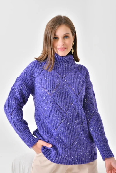 FTZ Women Kadın Degaje Yaka Detaylı Simli Kazak  Mor 20565 - Resim 6