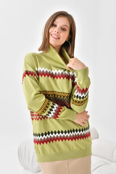 FTZ Women Kadın Etnik Desenli Bluz  Su Yeşili 20075 - Resim 4