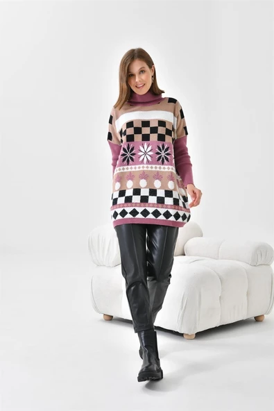 FTZ Women Kadın Karışık Desen Triko Kazak  Gül 20432 - 3