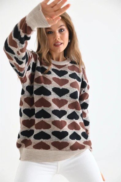 FTZ Women Kadın Kalp Desenli Bluz  Taş 20028 - Resim 7