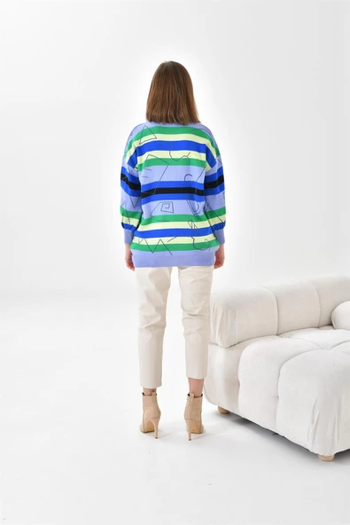 FTZ Women Kadın Geometrik Desenli Kazak  Lila 20109 - Resim 7