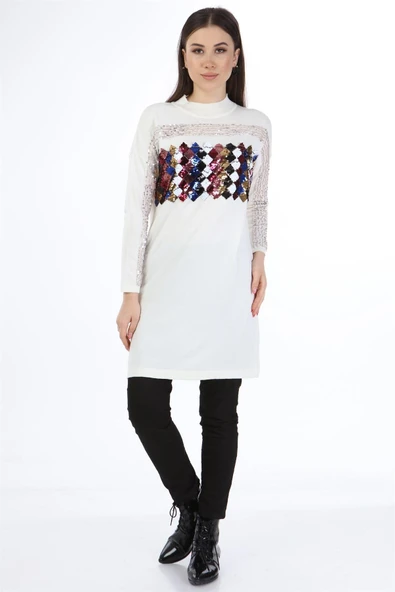 FTZ Women Kadın Önü Pul Payet Triko  Ekru 21-1238 - 4