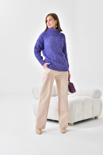 FTZ Women Kadın Degaje Yaka Detaylı Simli Kazak  Mor 20565 - Resim 5