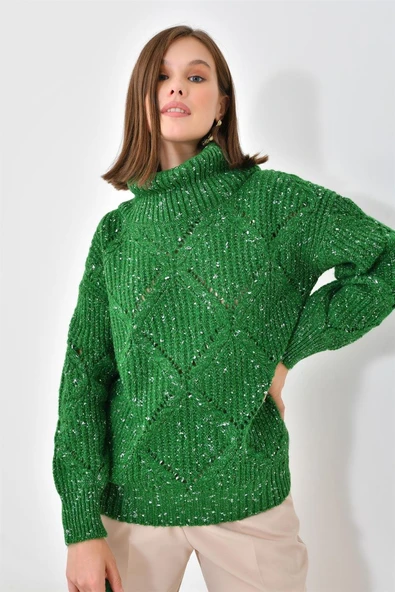 FTZ Women Kadın Degaje Yaka Detaylı Simli Kazak  Benetton 20565 - Resim 6