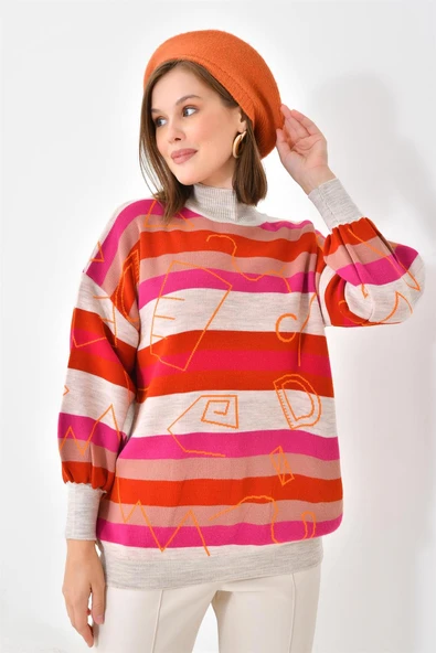 FTZ Women Kadın Geometrik Desenli Kazak  Taş 20109 - Resim 3