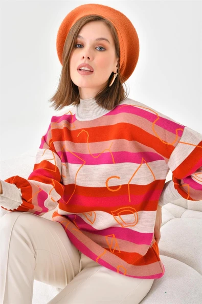 FTZ Women Kadın Geometrik Desenli Kazak  Taş 20109 - Resim 5