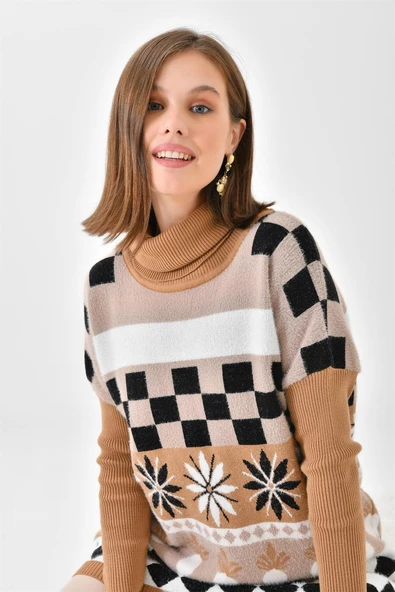 FTZ Women Kadın Karışık Desen Triko Kazak  Bisküvi 20432 - Resim 6